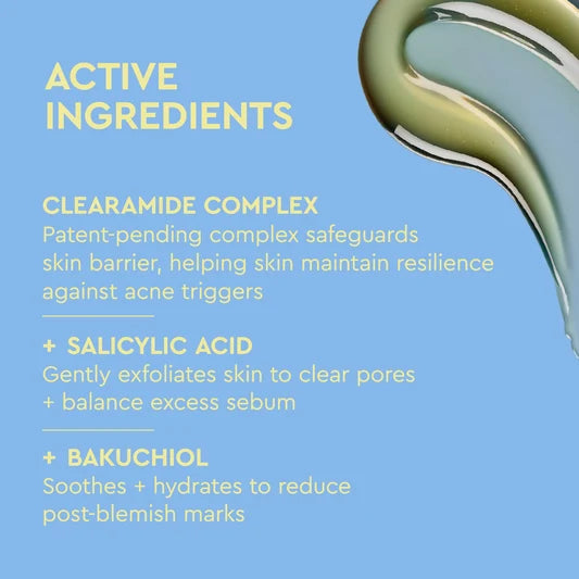 Un graphique informatif bleu clair avec du texte jaune répertoriant les ingrédients actifs, notamment le Clearamide Complex, l'Acide Salicylique et le Bakuchiol, accompagné d'une goutte incurvée et brillante de produit cosmétique verdâtre sur le côté droit.