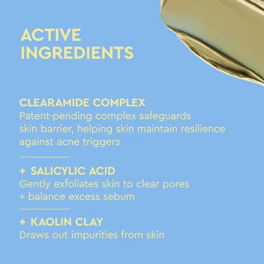 Un visuel informatif bleu avec un texte jaune indiquant 'ACTIVE INGREDIENTS' et les bienfaits du produit pour le Clearamide Complex, l'Acide Salicylique et l'Argile Kaolin, ainsi qu'une forme partielle de flacon doré dans le coin supérieur droit.