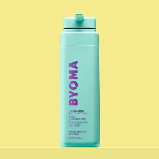 BYOMA Hydrating Body Lotion dans un flacon bleu-vert.