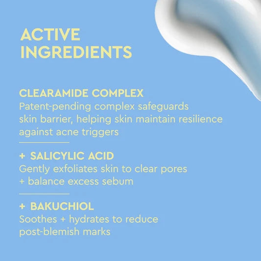 Emballage du produit avec les ingrédients actifs listés sur un fond bleu