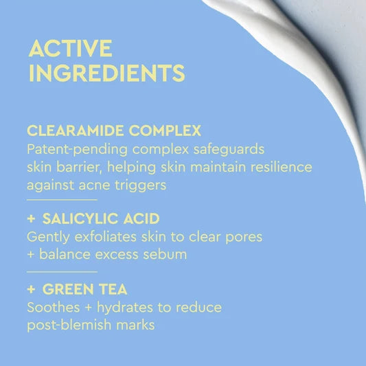 Un graphique informatif bleu clair avec un texte jaune pâle listant les ingrédients actifs, notamment Clearamide Complex, Salicylic Acid et Green Tea, avec une touche de crème blanche dans le coin supérieur droit.