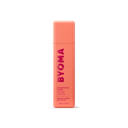 Lotion tonique éclaircissante BYOMA dans un flacon orange.