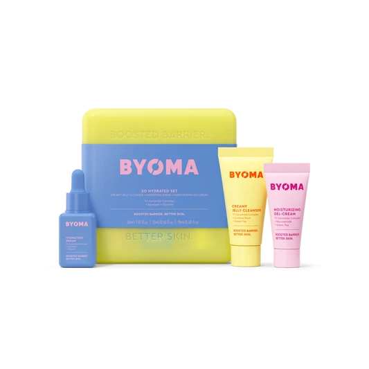 BYOMA So Hydrated Set, avec un coffret aux couleurs pastel jaune et bleu ainsi que trois produits de soin.