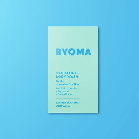 Échantillon de gel douche hydratant BYOMA sur fond bleu